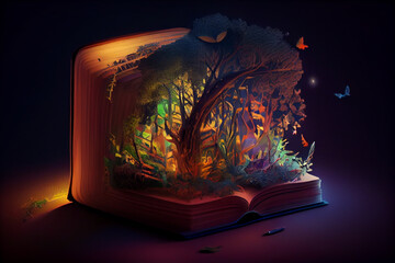 Open book with a magic tree inside. Conceptual image of fairy tale.generative ai