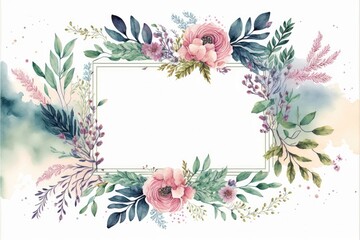 a picture frame border made of assorted watercolor flowers for wedding card, floral, high quality, roses, nature, spring, generative ai