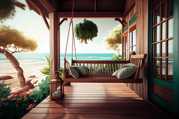 Wooden swing on the terrace overlooking the sea.generative ai