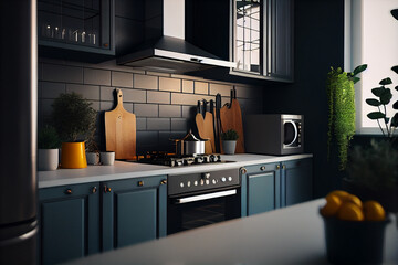 Interior of modern kitchen with white brick walls, wooden floor, dark gray countertops and wooden cupboards.generative ai