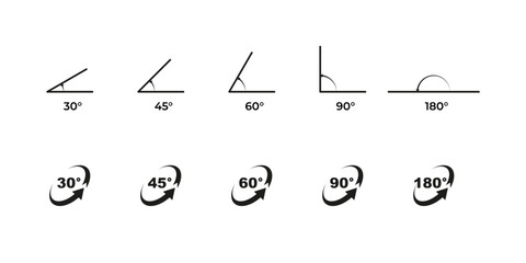 Angle of view degree vector icon. Camera rotation geometric arrow set.  - obrazy, fototapety, plakaty