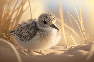 Obraz premium Digital Illustration of an Adorable Baby Sand Piper in a Beach Setting with Grass, Sand, Reeds, Water, Blue Sky. Made in part with Generative AI. 