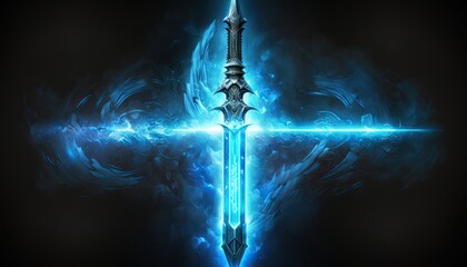 A glowing blue energy sword with a serrated edge on a black background, surrounded by a halo of light and with sparks flying off of it generative ai