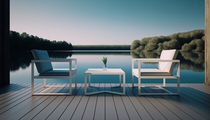 Obraz na płótnie Canvas A minimalist outdoor seating set consisting of white chairs and a coffee table placed on a deck overhanging a clear blue lake. HD, realistic, natural lighting. generative ai