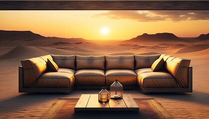 Fototapeta na wymiar A modern leather sectional sofa set on a sandy desert landscape with the sun setting behind it, casting a warm golden glow. HD, realistic, natural lighting. generative ai