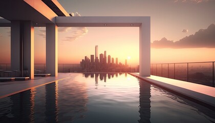 A sleek modern pool with an infinity edge overlooking the city skyline at sunset. generative ai