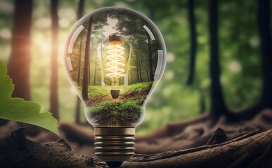 Light bulb shining in a forest