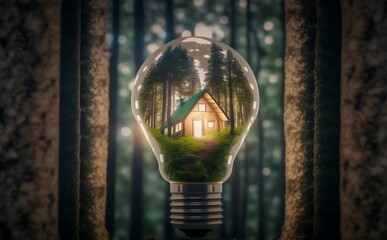 House in a light bulb in a forest