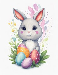 Watercolor spring illustrated of cute Easter rabbit with colorful eggs. Generative AI. Happy Easter