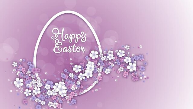 Happy Easter banner with shape of egg and small spring flowers on pink background. Looped animation.