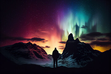 Man looking at aurora borealis, northern lights above the mountains.generative ai