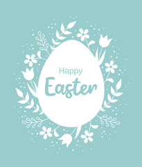 Easter greeting card. A white egg with typography inside and a frame of flowers and leaves around it on a pastel green background. Flat vector illustration