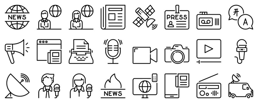 Line icons about journalism on transparent background with editable stroke.