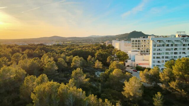 Flying along the forest, sunset in the background, drone footage of Cala Millor