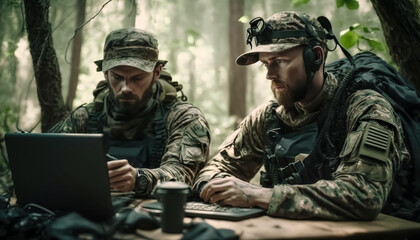 Military Army Officer and Engineer Conducting Reconnaissance Mission in Forest, Utilizing Military-Grade Laptops within Camouflaged Staging Base, digital ai art
 - obrazy, fototapety, plakaty