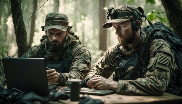 Military Army Officer and Engineer Conducting Reconnaissance Mission in Forest, Utilizing Military-Grade Laptops within Camouflaged Staging Base, digital ai art
