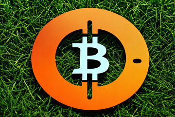 A grassy landscape with a bitcoin symbol, naturalism and digital payment innovation, created with generative AI.