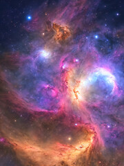 A mesmerizing look at the night sky, with stars and galaxies twinkling in the distant. A calming mix of shapes and colors. Starlight, Infinity, Wonder concept created with generative AI.