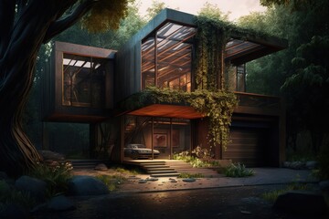 Fototapeta na wymiar Modern house with apparent concrete, metal structure, wood and vegetation, Generative AI 