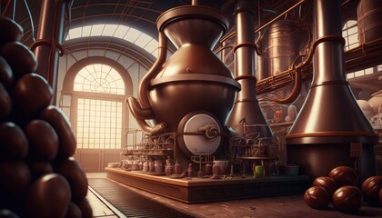 Fototapeta na wymiar Chocolate factory interior in fantasy dimension, Generative AI