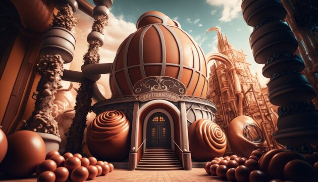 Chocolate factory facade in fantasy world, 
background with chocolate building, Generative AI