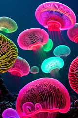 Colorful medusas drift and twirl in the underwater world. Enchanting, captivating, oceanic concept created with generative AI.