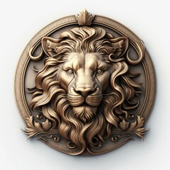 Lion emblem. Metallic circular amulet with lion face isolated on white background, Generative AI