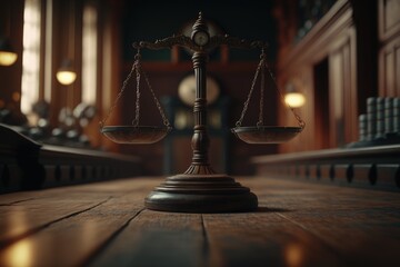 Scales of justice on the court table with blurred background, Generative AI