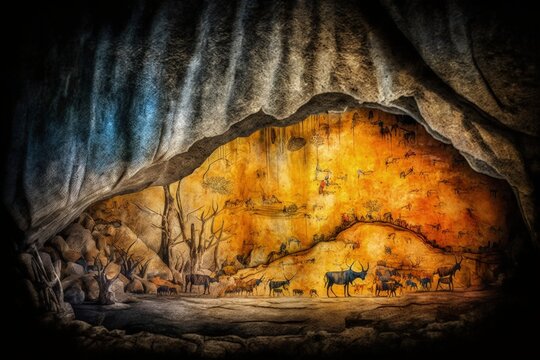 Rock Art In A Cave, Prehistoric Rock Painting, Generative AI