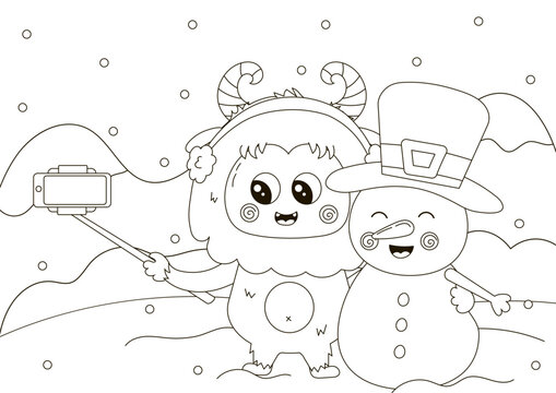 Funny coloring page with cute Yeti character with selfie stick making photo with snowman, winter themed printable activity for kids,black and white doodle for children
