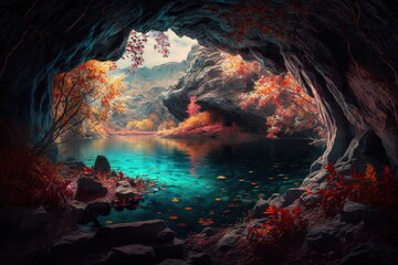 Cave landscape with beautiful lake and colorful vegetation, Generative AI