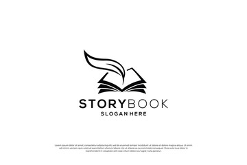 Fototapeta premium The writer logo design. Feather pen with book combination.