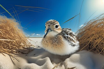 Digital Illustration of an Adorable Baby Sand Piper in a Beach Setting with Grass, Sand, Reeds, Water, Blue Sky. Made in part with Generative AI.
