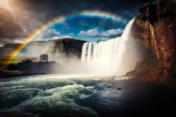 Fototapeta premium Waterfall with falling water from above and a colorful rainbow in the fog. Generative ai