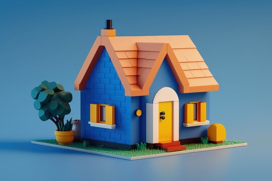 Toy house on blue background, Generative AI