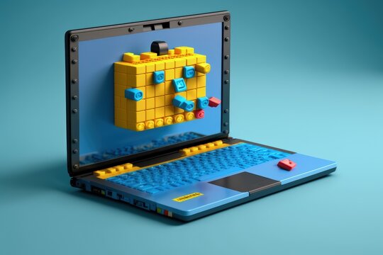 Puzzle toy laptop, puzzle laptop on blue background, Generative AI
