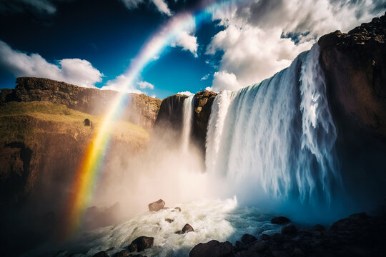 Waterfall with falling water from above and a colorful rainbow in the fog. Generative ai