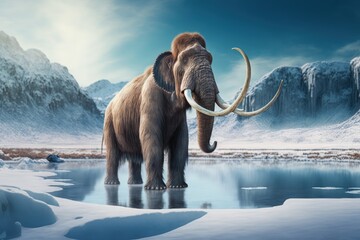 Mammoth on a frozen lake and mountains in the background, Generative AI