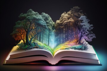 Open magic book with forest hologram on top, Generative AI - obrazy, fototapety, plakaty