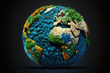 Fototapeta premium Toy planet earth, puzzle piece planet earth, isolated on dark background, Generative AI