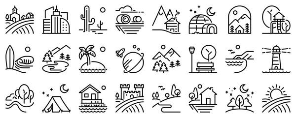Line icons about landscape on transparent background with editable stroke. - obrazy, fototapety, plakaty