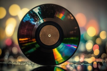 Vinyl record on bokeh background, Generative AI
