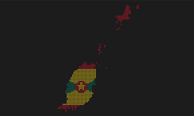 Grenada dotted map flag with grunge texture in mosaic dot style. Abstract pixel vector illustration of a country map with halftone effect for infographic. 