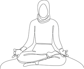 Continuous one line drawing Muslim woman doing exercise in home. Concept of home health care activities. Single line draw design vector graphic illustration.