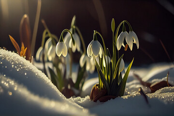 Beautiful snowdrop flowers in the snow. First spring flowers.generative ai