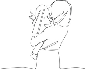 Continuous one line drawing Muslim woman playing with children. Concept of home health care activities. Single line draw design vector graphic illustration.