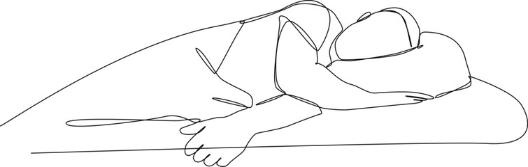 Continuous one line drawing happy man sleep regularly. Concept of home health care activities. Single line draw design vector graphic illustration.