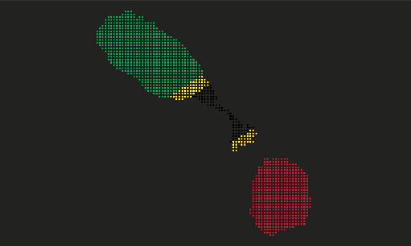 Saint Kitts and Nevis dotted map flag with grunge texture in mosaic dot style. Abstract pixel vector illustration of a country map with halftone effect for infographic. 