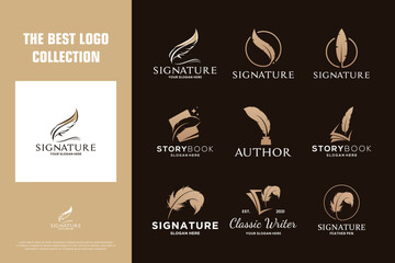 Collection of golden quill signature logo design.