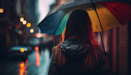 Young woman in raincoat with orange umbrella walking on the street at night.generative ai
